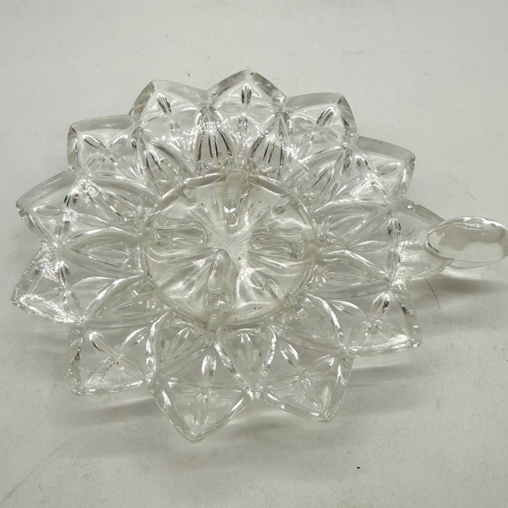 Vintage Clear Pressed Glass Starburst Sunflower Candle Holder with Handle